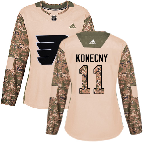 Adidas Flyers #11 Travis Konecny Camo Authentic Veterans Day Women's Stitched NHL Jersey - Click Image to Close
